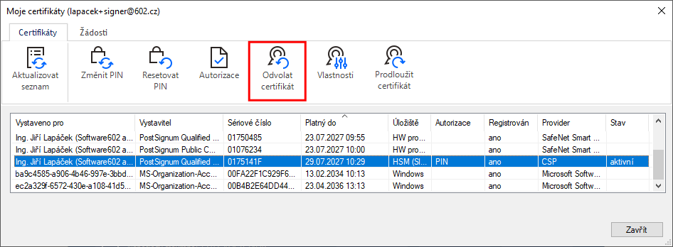 odvolat certifikat