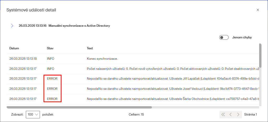synchro udalosti error