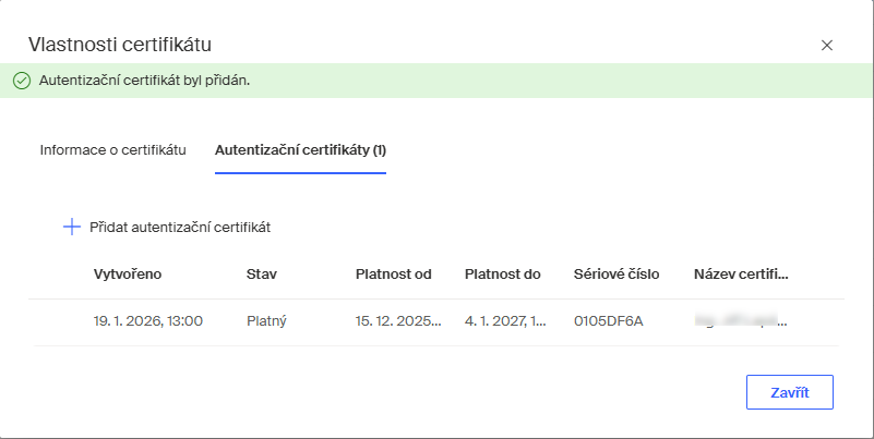 autentizacni certifikat pridan