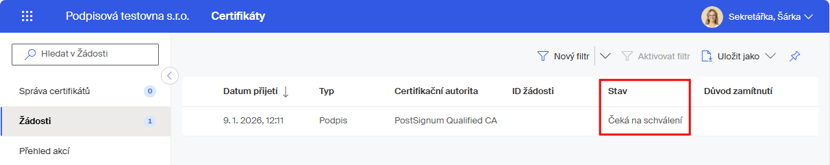 zadost ceka na schvaleni