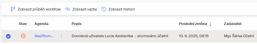 nepritomnost stornovano